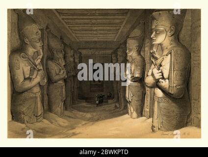 Innenraum des Großen Tempels von Abu Simbel, von David Roberts. 19. Jahrhundert. Die Abu Simbel Tempel sind zwei massive Felstempel in Abu Simbel, einer Villa Stockfoto