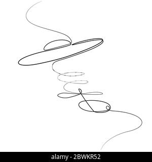 Nicht identifiziertes fliegendes Objekt, das von Hand durch eine durchgezogene Linie auf weißem Hintergrund gezeichnet wird. Illustration für isolierte Stock-Vektorgrafik. Stock Vektor
