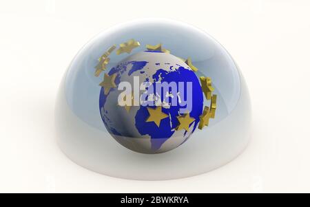 3d-Rendering der europäischen Union mit Goldsternen unter einer Glaskuppel auf weiß isoliert geschützt Stockfoto