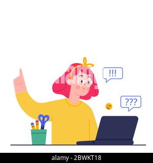 Online-Bildungskonzept. Fernstudium in der Schule. Vektor-Cartoon-Illustration von Mädchen, studieren durch Online-Lernen mit Laptop. Stock Vektor