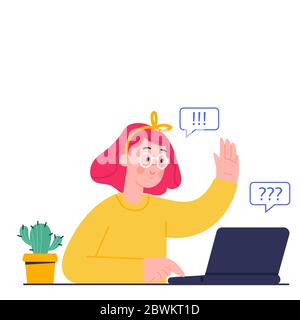 Online-Bildungskonzept. Fernstudium in der Schule. Vektor-Cartoon-Illustration von Mädchen, studieren durch Online-Lernen mit Laptop. Stock Vektor