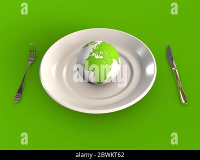 Globe auf einem Teller, der globale Politik zeigt, Lebensmittel-Gesundheit Industrie 3d gerendertes Konzept auf grünem Hintergrund Stockfoto