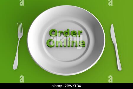 3d-Rendering der Bestellung von Lebensmitteln online-Konzept mit einem Essenset auf grünem Hintergrund Stockfoto