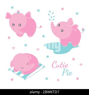 Set von niedlichen rosa Elefanten auf weißem Hintergrund mit Blumen. Vektor-Illustration im Cartoon-Stil Stock Vektor