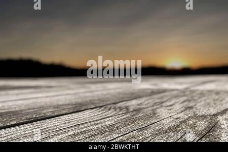 Holztisch auf einem romantischen Sonnenuntergang Hintergrund Perspektive verschwommen 3d gerendertes Konzept Stockfoto
