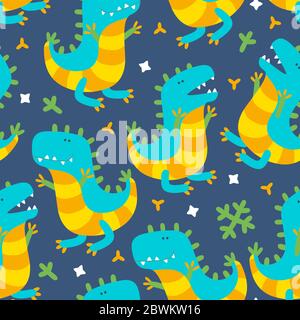 Nahtloses Muster mit fröhlichen Dinosauriern für Textil, Papier und Stoff. Farbenfrohes Design für Drucke. Vektor-Illustration in niedlichen Cartoon-Stil Stock Vektor