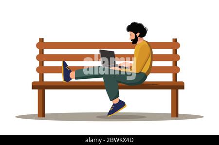 Freiberufliche Tätigkeit, Remote-Arbeit, Geschäftskonzept. Mann mit Laptop-Computer auf der Straße Bank, Mock-up-Bildschirm. Vektor flache Cartoon-Illustration Stock Vektor