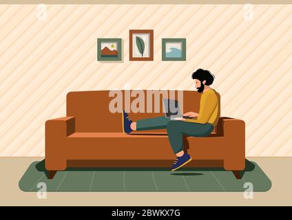 Freiberufliches Heim- oder Studienkonzept. Remote-Arbeit. Mann arbeitet zu Hause sitzen. Mann mit Computer liegt auf der Couch. Cartoon flache Vektor-Illustration Stock Vektor