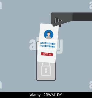 Hacker stehlen Passwort für soziale Netzwerke von Smartphone-Bildschirm, kriminelle auf Smartphone Stock Vektor