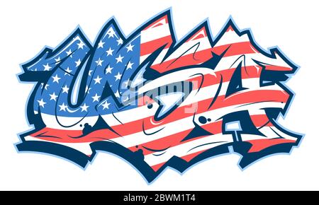 USA Schriftzug im lesbaren Graffiti Stil mit Nationalflagge gefüllt. Vektor-Banner auf weißem Hintergrund isoliert. Stock Vektor
