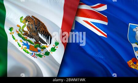 Flaggen von Mexiko und Falklandinseln. 3D-Design mit winkender Flagge. Mexiko Falklandinseln Flagge, Bild, Tapete. Bild von Mexiko gegen Falklandinseln, 3D-Rendering Stockfoto