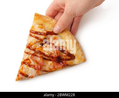 Pand hält Scheibe Pizza isoliert auf weißem Hintergrund Stockfoto