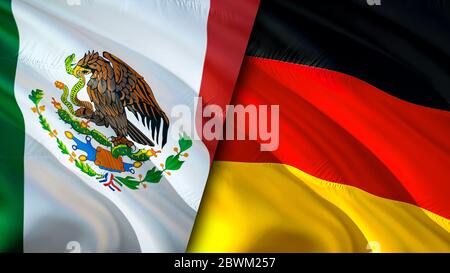 Mexiko und Deutschland Flaggen. 3D-Design mit winkender Flagge. Mexiko Deutschland Flagge, Bild, Tapete. Bild Mexiko vs. Deutschland, 3D-Rendering. Mexiko Deutschland relatio Stockfoto