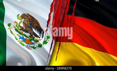 Mexiko und Deutschland Flaggen mit Narbenkonzept. Winkendes Flag, 3D-Rendering. Konfliktkonzept Mexiko und Deutschland. Mexiko Deutschland Beziehungen Konzept. Flagge von M Stockfoto