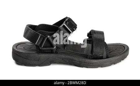 Paar schwarze Sandalen Schuhe isoliert auf weiß Stockfoto