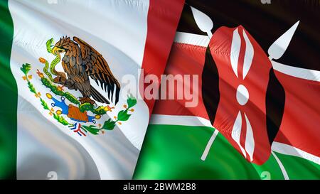 Mexiko und Kenia Flaggen. 3D-Design mit winkender Flagge. Mexiko Kenia Flagge, Bild, Tapete. Bild Mexiko vs. Kenia, 3D-Rendering. Mexiko Kenia Beziehungen allia Stockfoto