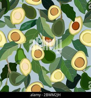 Nahtloses Muster mit Blättern und Früchten Avocado Baum auf blauem Hintergrund. Vektorgrafik mit Pflanzen. EPS 10 Stockfoto