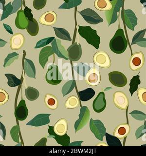 Nahtloses Muster mit Blättern, Ästen und Früchten Avocadobaum auf grünem Hintergrund. Vektorgrafik mit Pflanzen. EPS 10 Stockfoto