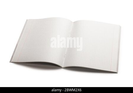 Öffnen Sie Schulbuch in einem Käfig isoliert auf weißem Hintergrund Stockfoto
