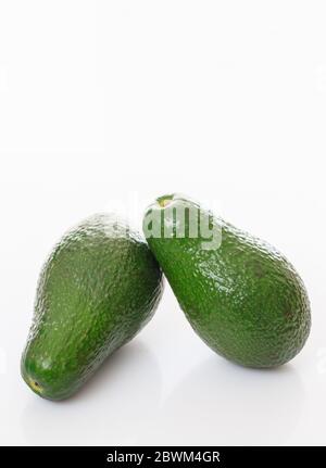 Zwei Avocados isoliert auf weißem Hintergrund. Frisches, grünes, ungeschältes Obst, gesundes Leben. Vertikales Foto, Raum. Stockfoto