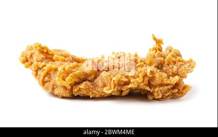 Stück knusprig panierte gebratenes Huhn, Nuggets, Hühnerstreifen auf einem weißen Hintergrund isoliert Stockfoto