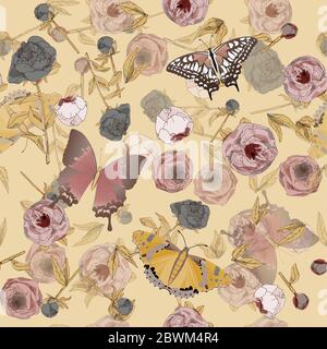 Schmetterling und Blätter, Stängel und Blütenstände von Pfingstrosen und Rosen Vektor-Illustration. Bild mit rosa, blauen und weißen Blüten auf aquamarinfarbenem Rücken Stockfoto