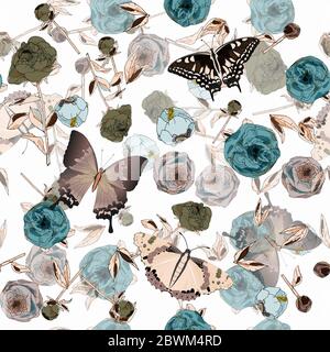 Schmetterling und Blätter, Stängel und Blütenstände von Pfingstrosen und Rosen Vektor-Illustration. Bild mit rosa, blauen und weißen Blüten auf aquamarinfarbenem Rücken Stockfoto