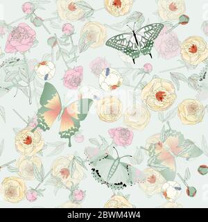 Schmetterling und Blätter, Stängel und Blütenstände von Pfingstrosen und Rosen Vektor-Illustration. Bild mit rosa, blauen und weißen Blüten auf aquamarinfarbenem Rücken Stockfoto