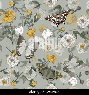 Schmetterling und Blätter, Stängel und Blütenstände von Pfingstrosen und Rosen Vektor-Illustration. Bild mit rosa, blauen und weißen Blüten auf aquamarinfarbenem Rücken Stockfoto