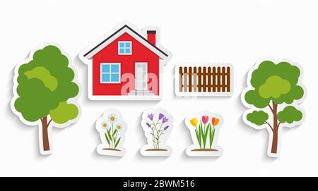 Haus mit Bäumen und Blumen Kinder Sticker-Set für Kinder Kunst. Vektor Illustration Stock Vektor