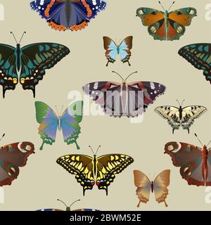 Bunte große und kleine Schmetterlinge auf einem grau-beigefarbenen Hintergrund nahtloses Muster. Vektorgrafik mit Insekten. EPS10 Stockfoto