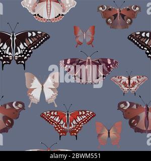 Bunte große und kleine Schmetterlinge auf einem bordo Hintergrund nahtlose Muster. Vektorgrafik mit Insekten. EPS10 Stockfoto