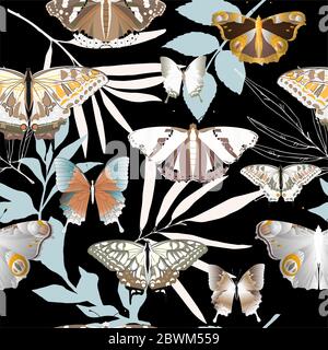 Bunte große und kleine Schmetterlinge auf einem grauen Hintergrund nahtloses Muster. Vektorgrafik mit Insekten. EPS10 Stockfoto