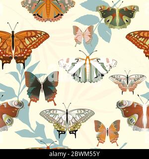 Bunte große und kleine Schmetterlinge auf einem grauen Hintergrund nahtloses Muster. Vektorgrafik mit Insekten. EPS10 Stockfoto