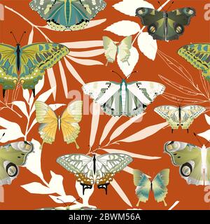 Bunte große und kleine Schmetterlinge auf einem grauen Hintergrund nahtloses Muster. Vektorgrafik mit Insekten. EPS10 Stockfoto