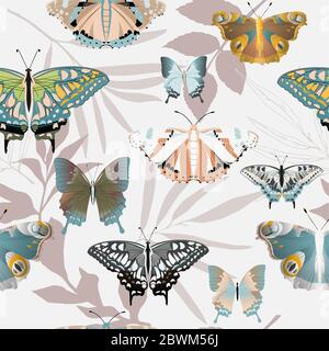 Bunte große und kleine Schmetterlinge auf einem grauen Hintergrund nahtloses Muster. Vektorgrafik mit Insekten. EPS10 Stockfoto