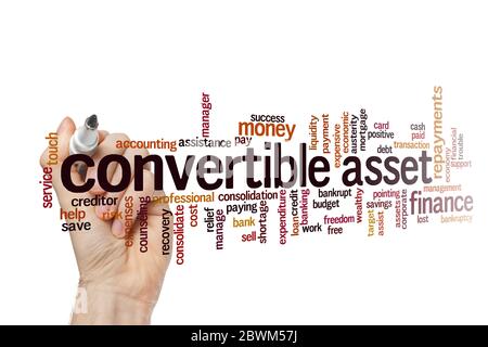 Konvertierbares Asset Word Cloud Konzept auf weißem Hintergrund Stockfoto