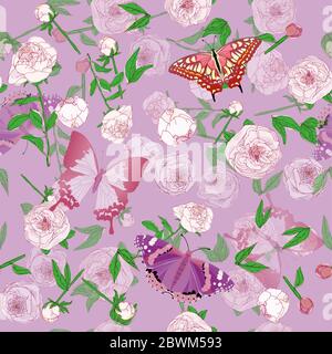 Schmetterling und Blätter, Stängel und Blütenstände von Pfingstrosen und Rosen Vektor-Illustration. Bild mit rosa, blauen und weißen Blüten auf aquamarinfarbenem Rücken Stockfoto