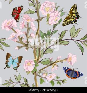 Bunte Schmetterlinge mit Büschen Rosen nahtlose Muster. Vektorgrafik mit Insekten und Pflanzen. EPS 10 Stockfoto
