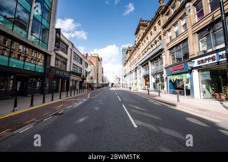 Fußgängerzonen in Deansgate, Manchester, während der Coronavirus-Pandemie 2020. Stockfoto