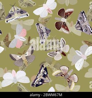 Weiße Motten auf einem Salbei, moosgrün farbigen Hintergrund. Nahtlose Vektor-Muster mit Insekten. Wiederholendes quadratisches Muster für Stoff und Tapete. Stockfoto