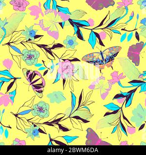 Nahtlose Vektor-Muster mit Rosen und Narzissen Blumen. Illustration mit bunten Schmetterlingen und Blättern auf gelbem Hintergrund. Stockfoto