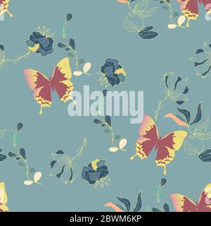 Nahtlose Vektor Blumenmuster von Schmetterlingen und Blütenstände von Blumen in eleganten Locken auf einem hellblauen Hintergrund. Zartes Design für f Stockfoto