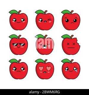 Cartoon Set von niedlichen Apple Charakter Design, Apple Icon Illustration Template Vektor Stockfoto