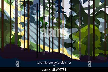 Minimalistische Landschaft mit Wald. Kiefern und Fichten im Sonnenlicht. Landschaft mit Sonnenstrahlen Sonnenaufgang oder Sonnenuntergang. Vektorgrafik in blau, gree Stockfoto