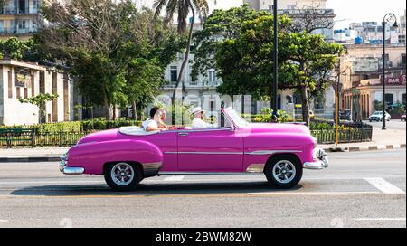 Havanna, Kuba - 25. Juli 2018: Ein kubanischer Taxifahrer in seinem rosa Cabrio aus den 1950er Jahren fährt Touristen durch Havanna Kuba. Stockfoto