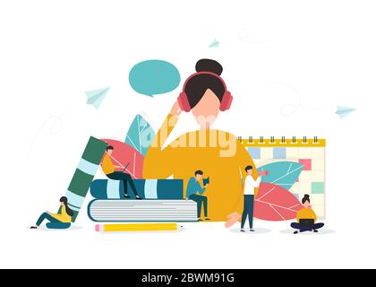 Bildungskonzept. Haufen von Büchern und Menschen studieren um sie vor weißem Hintergrund, flache Vektor-Illustration Stock Vektor