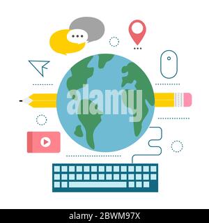 Globales Netzwerk. Flache Vektorgrafik mit Planet, Computertastatur und Internet-Icons, weißer Hintergrund Stock Vektor