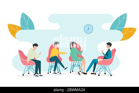 Gruppe von Menschen, die an TV-Talk-Show auf weißem Hintergrund, Vektor-Illustration in flachem Stil Stock Vektor