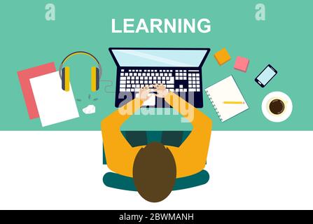 Draufsicht der Person, die Laptop für Online-Bildung, Vektor-Illustration in flacher Stil Stock Vektor